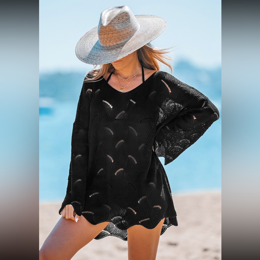 NWT CUPSHE sz M black cutout scalloped sweater/swim cover